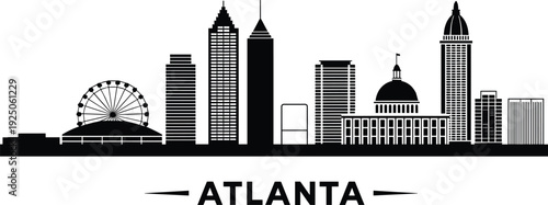 Black Atlanta city skyline silhouette with skyscrapers, domed building, Ferris wheel, bold ATLANTA typography, modern urban architecture landmark vector illustration design
