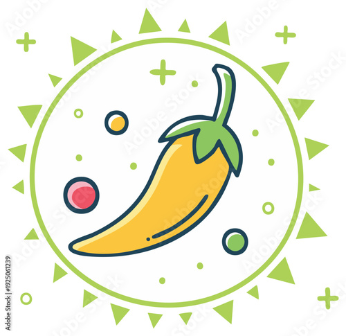 Bright yellow chili pepper icon surrounded by festive green decorative elements symbolizing spice and flavor