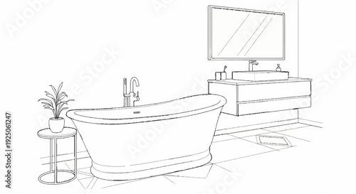 Line drawing of a modern bathroom with a freestanding tub, vanity, and mirror