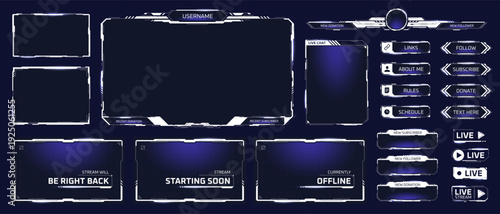 Game streaming frames. Stream twitch live screen, broadcast overlay video white panels gamer player streamer user interface hud menu cyber digital futuristic vector illustration