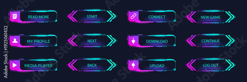 Hud buttons. Game menu button, futuristic tech ui interface screen panel menu bar digital border scifi technology hologram neon frame user select player cyber vector illustration