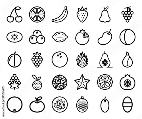 Organic fruit and tropical botanical elements for healthy lifestyle branding. Minimalist monoline pictograms featuring garden produce and exotic harvest symbols.