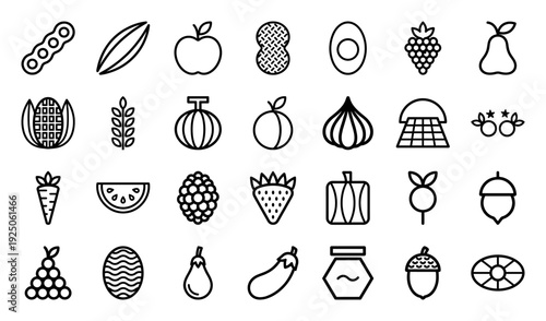 Organic food and sustainable agriculture linear pictograms featuring seasonal harvest, fresh produce, and botanical garden elements in a minimalist monoline style.