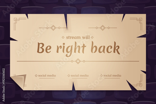 Medieval paper announcement. Old parchment social media post design, prg game stream aged manuscript scroll banner vintage signage frame text title ui cartoon vector illustration