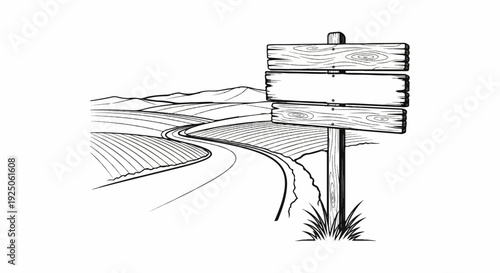 Rustic wooden signpost guides travelers down a winding country road