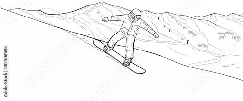 Line drawing of a snowboarder carving down a snow-covered mountain slope