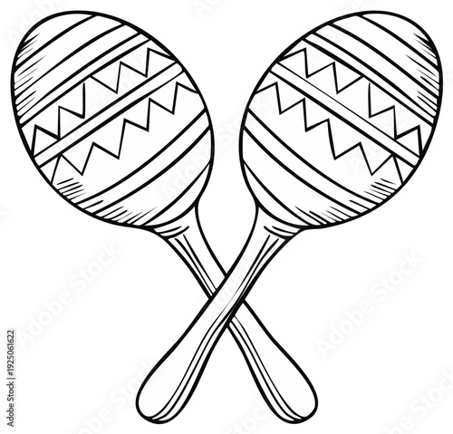 Hand drawn sketch of two crossed maracas with decorative patterns, isolated on white