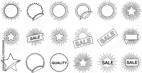 Collection of graphic sale and quality badges with radiant lines