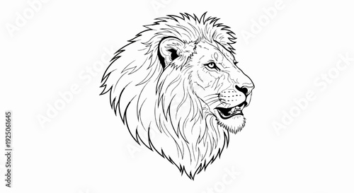 Majestic lion head in profile, fierce expression, detailed mane, bold lines