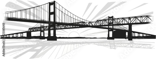 A stylized black and white graphic of two bridges intersecting