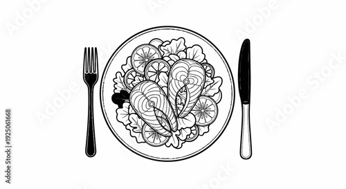 Plate of salmon steaks with lemon slices and greens, served with fork and knife