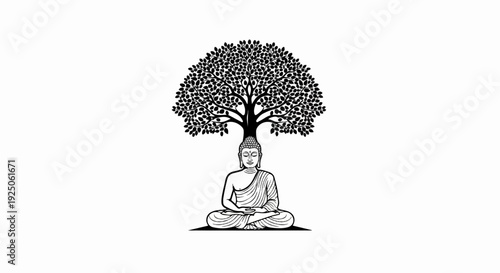 Seated figure under a large, leafy tree, black and white linocut