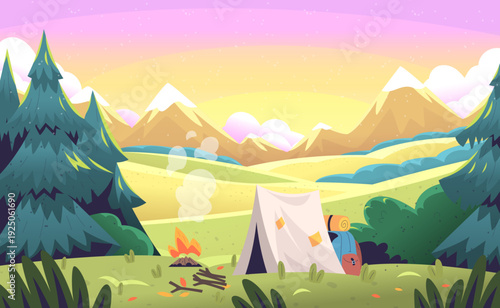 Mountain camping landscape. Camp tent in morning forest sunrise sky, summer hiking campsite campfire firewood bonfire fire outdoor adventure cartoon background vector illustration