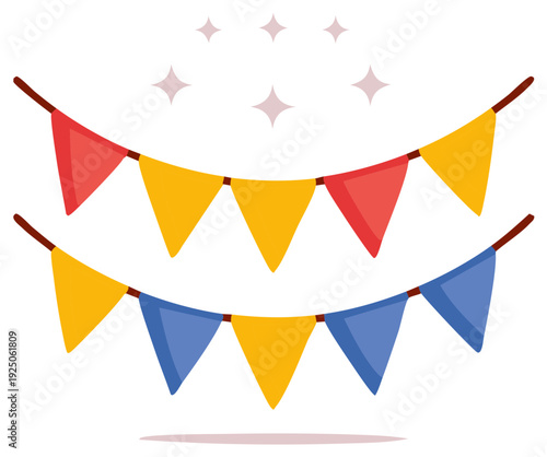 Party bunting flags and stars, colorful banners decor for celebration and festive occasions, vector illustration