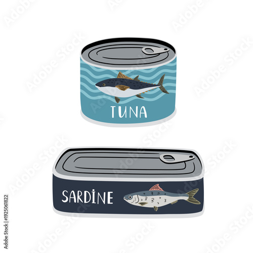Sardine, tuna cans. Seafood canned for tourists. Cartoon vector illustration preserved fish