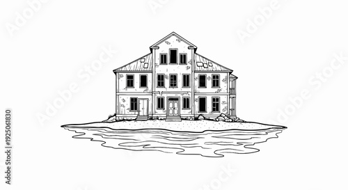 Old, abandoned house on a shore, with water in foreground
