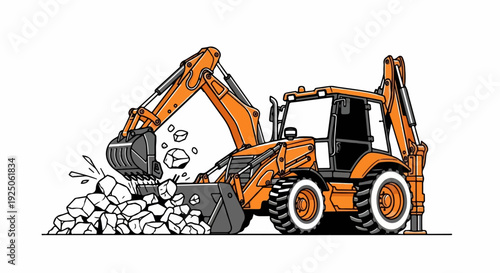 Orange digger moving rocks with its bucket and front loader