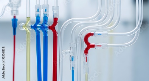 Medical tubing with red blue and yellow liquids flowing through clear plastic pipes medical equipment