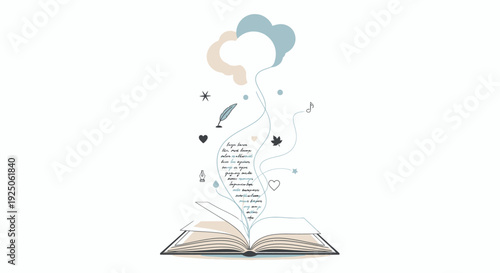Open book creating an ethereal flow of thoughts poetry ideas and creative elements rising towards a symbolic cloud illustration