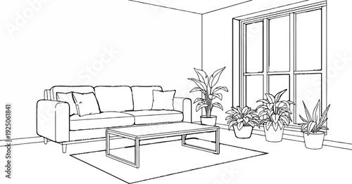 Minimalist living room sketch with sofa, table, rug, plants, and window