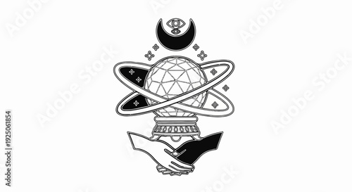 Mystical globe on stand with orbits, stars, eye, and contrasting hands