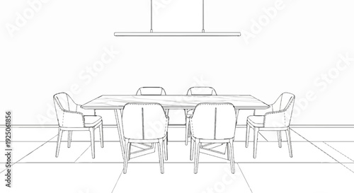 Modern dining room sketch with marble table and six chairs