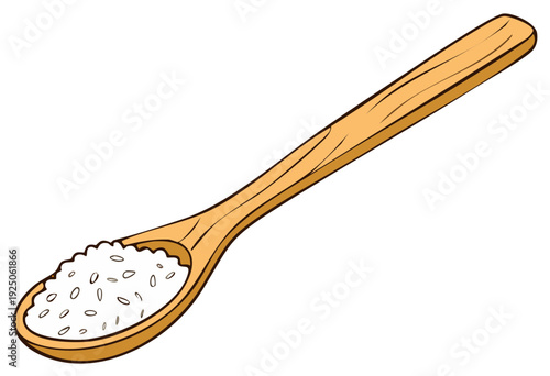 Wooden spoon filled with white rice grain ingredient for cooking and food preparation