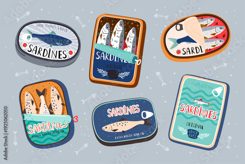 Set of canned sardines. Colorful seafood vector illustration. Cartoon stickers of Fish can.