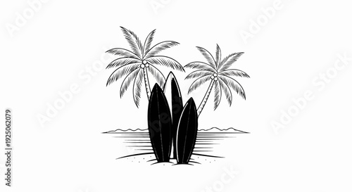 Sketch of surfboards near palm trees on a sandy beach with ocean waves