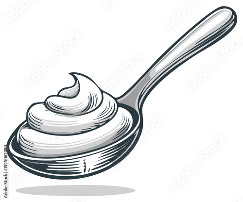 Spoonful of Whipped Cream Hand Drawn Engraving Style Illustration