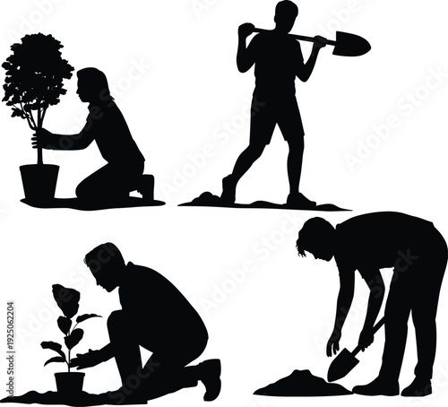Flat vector silhouettes of people gardening activities planting trees shrubs digging soil holding shovel tending plants outdoor nature illustration design