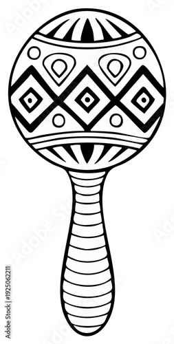 Tribal patterned maraca percussion instrument with bold geometric design