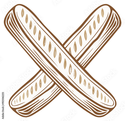 Vector illustration of two crossed bread loaves, baguette sandwiches, food ingredient elements for design, bakery or restaurant