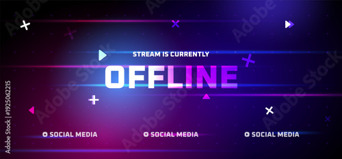 Stream offline. Twitch streaming off neon holographic background, game streamer live broadcast overlay layuot video frame digital tech purple cyberpunk design vector illustration