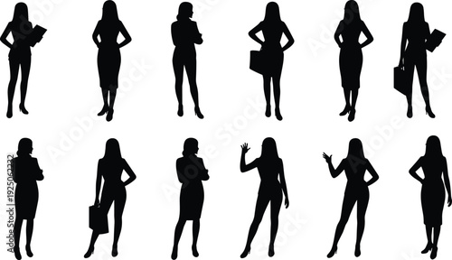 Flat vector silhouettes of professional women in business attire standing poses holding folders handbags confident workplace corporate fashion illustration design
