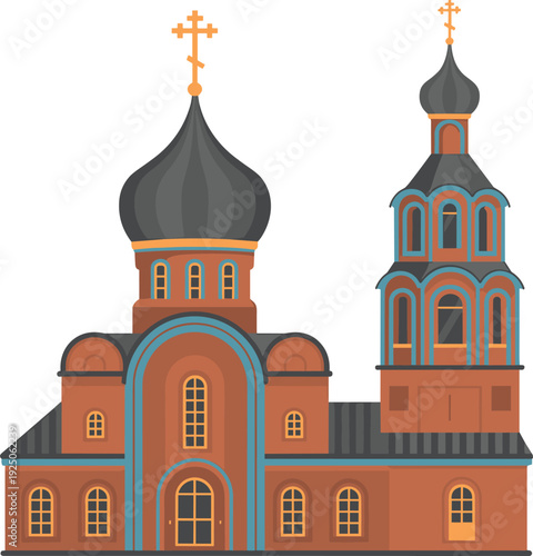 Stylized Russian Orthodox church with onion domes, red-brown architecture accented in blue and orange, cultural religious landmark illustration of traditional ornate design vector