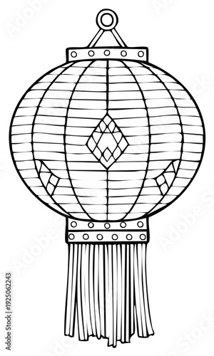 Traditional Asian Paper Lantern with Tassels and Geometric Pattern Detailed Outline