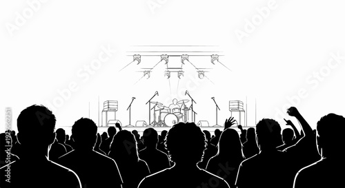 Crowd watches drummer perform on stage with bright lights and microphones