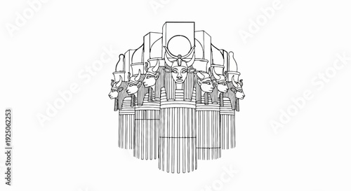 Intricate Egyptian headdresses with bovine and human faces adorn columns