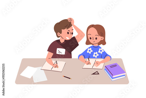Student cheating. Boy peeking test answer exam, school children writing paper copy essay cheat table classroom examination learning class cartoon schoolchildren vector illustration
