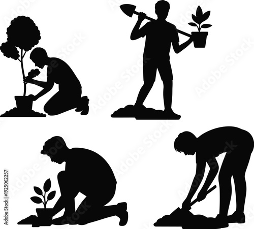 Flat vector silhouettes of people gardening activities planting trees shrubs digging soil holding plants with tools outdoor nature illustration design