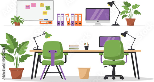 Modern creative office workspace vector illustration with desks green chairs computer monitors plants and whiteboard for startup design,
