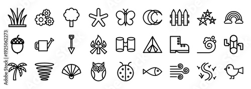 Outdoor adventure and nature conservation monoline icons featuring camping gear, forest wildlife, and weather elements in a clean minimalist aesthetic.