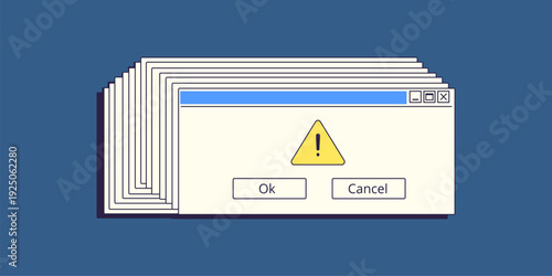 System window bug. Retro computer error message, reperat popup alert notification critical fail virus operating system defect code old pc desktop screen ui vector illustration