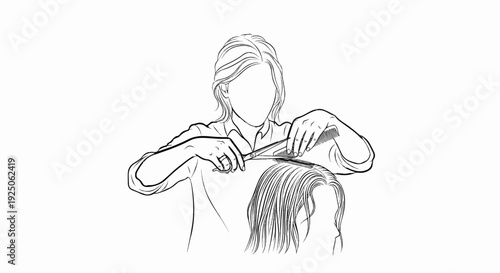 Stylist trims hair with scissors and comb, faceless figures