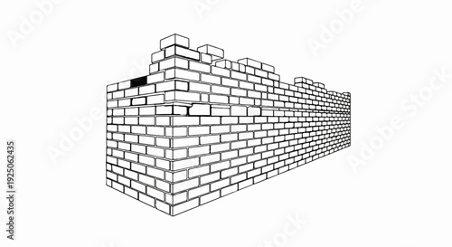 Black and white illustration of a brick wall with jagged top