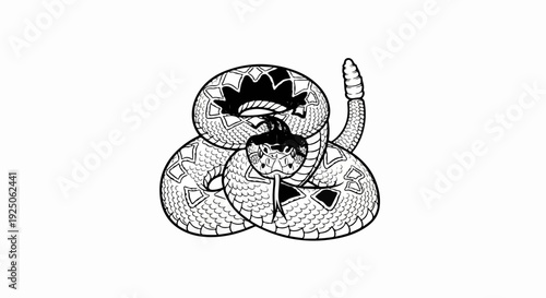 Detailed black and white illustration of a coiled rattlesnake ready to strike