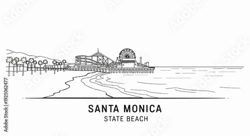 Sketch of a pier with a roller coaster and Ferris wheel on a beach