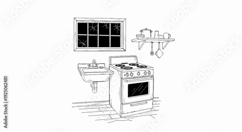 Sketch of a damaged kitchen with a cracked window, sink, and stove