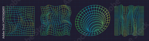 Warp wireframe. Wave mesh, distort lattice glitch grid retro geometry 3d perspective cyberpunk 80s y2k retrowave vapor synth green psychedelic abstract digital vector illustration